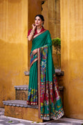 Vastranavya Firozi Viscose Chanderi Kalamkari Print with Zari Working Saree & Unstitched Blouse | Grocsy