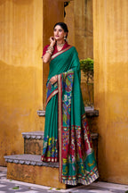 Vastranavya Firozi Viscose Chanderi Kalamkari Print with Zari Working Saree & Unstitched Blouse | Grocsy