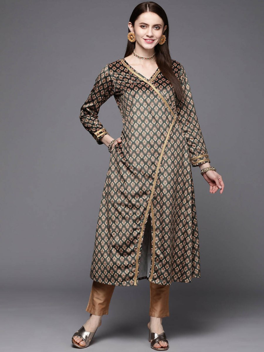 Ahalyaa Women Green & Cream-Coloured Floral Printed Velvet Kurta | Grocsy