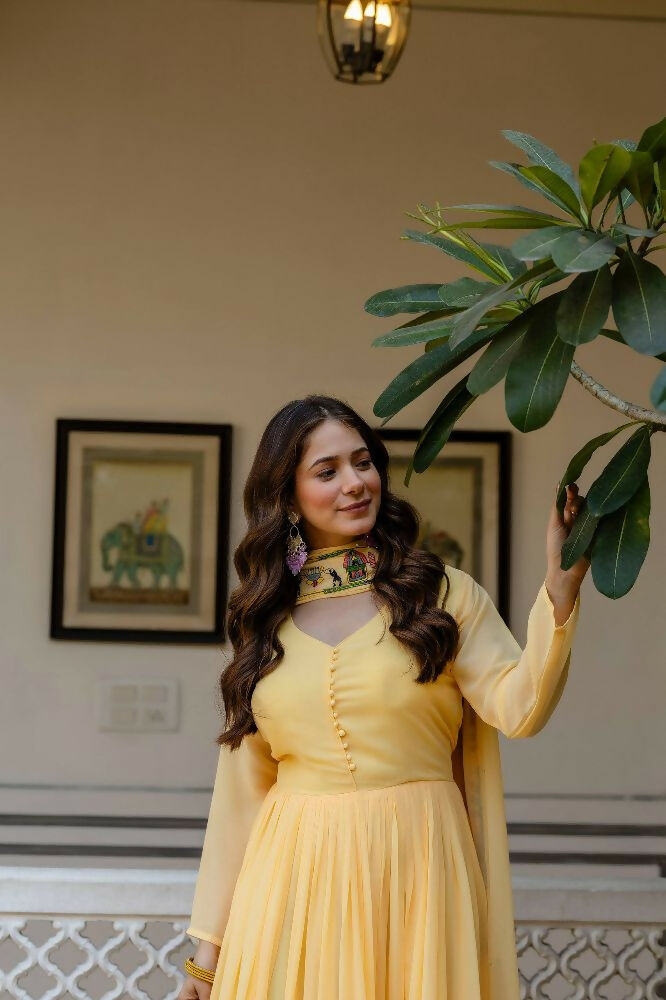 Teeya Creation Yellow Color Faux Georgette Heavy Embroidery Work Party Wear Long Gown | Grocsy