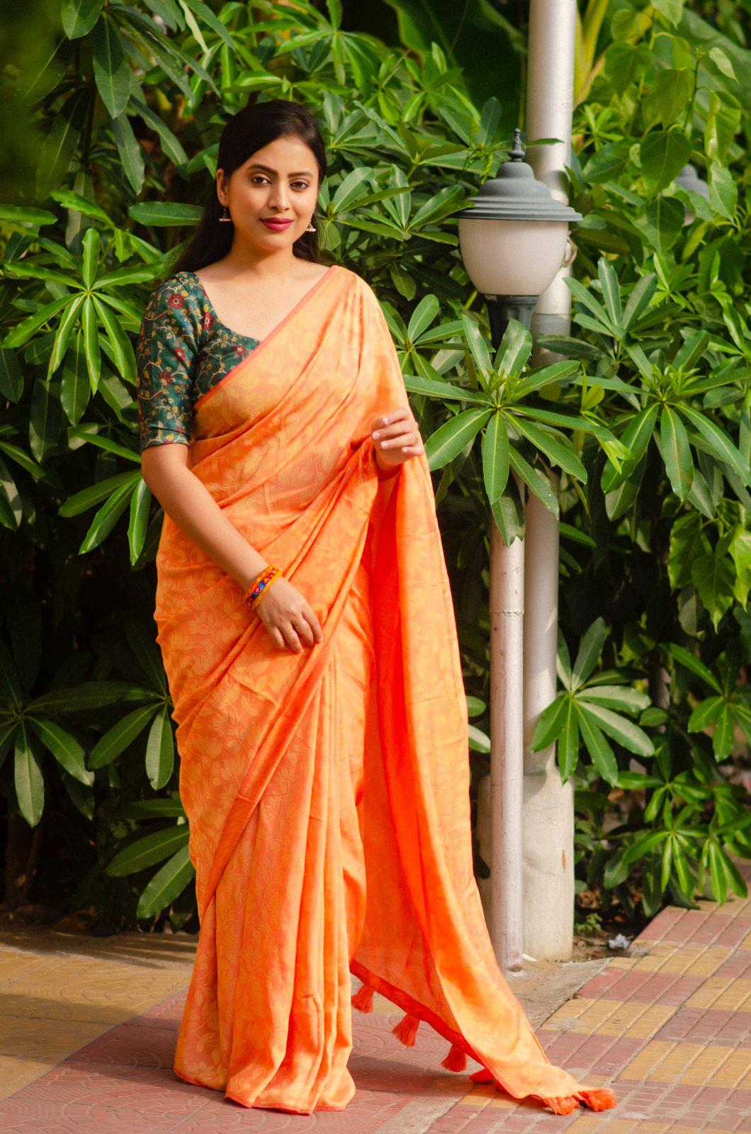 Saffron Jute Silk Woven Design Saree with Unstitched Blouse - A2M | Grocsy