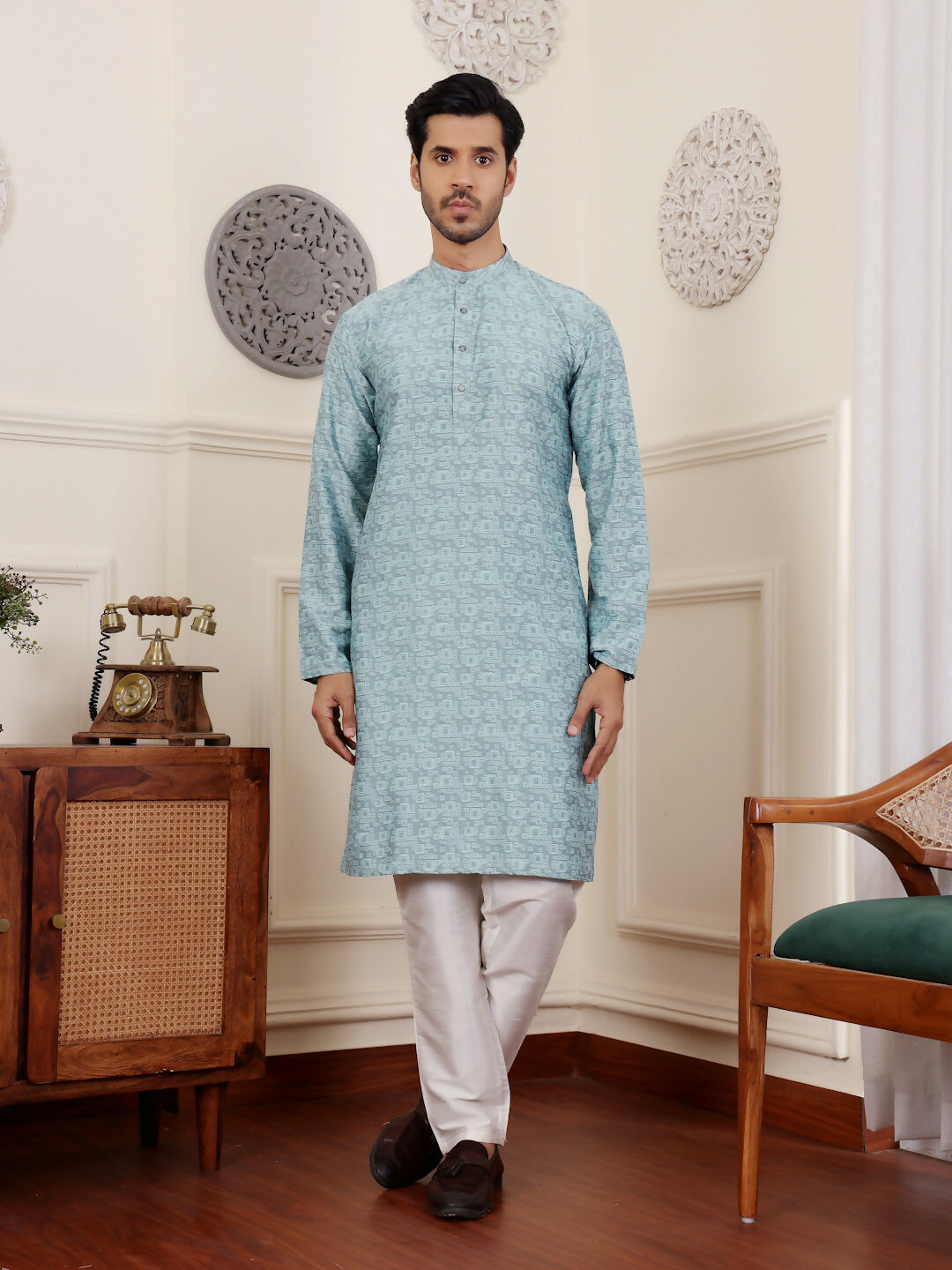Blue Viscose Woven Jacquard Work Men's Rajwadi Kurta Set - Mahotsav | Grocsy