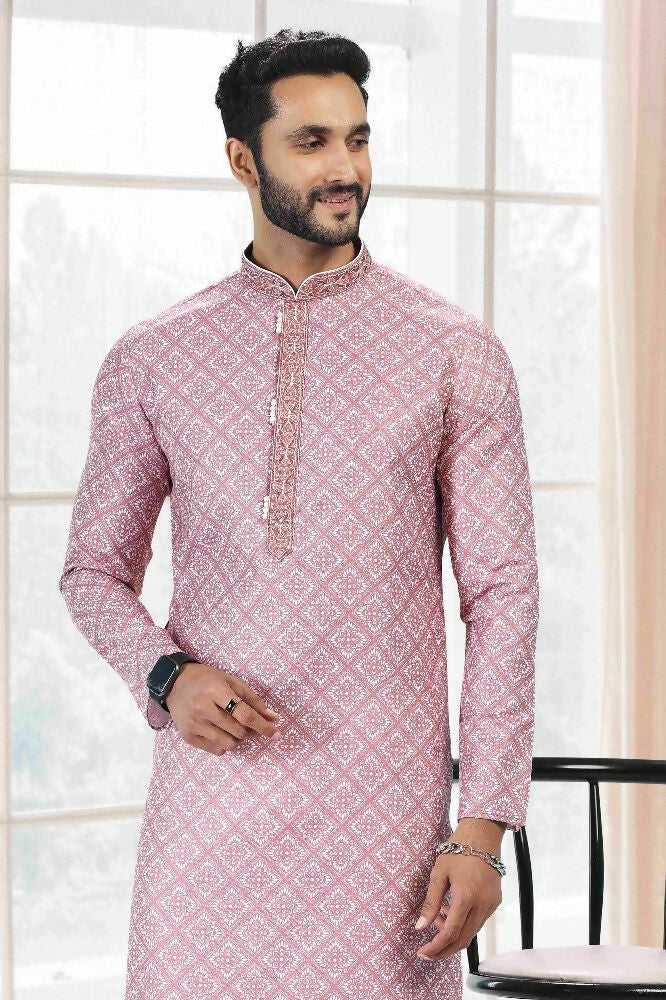 Raivat Ethnic Cotton Thread Work Kurta Pajama In Baby Pink Colour | Grocsy
