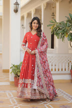 Joban Fashion Orange Georgette Sequence Embroidery Work Kurta Set | Grocsy