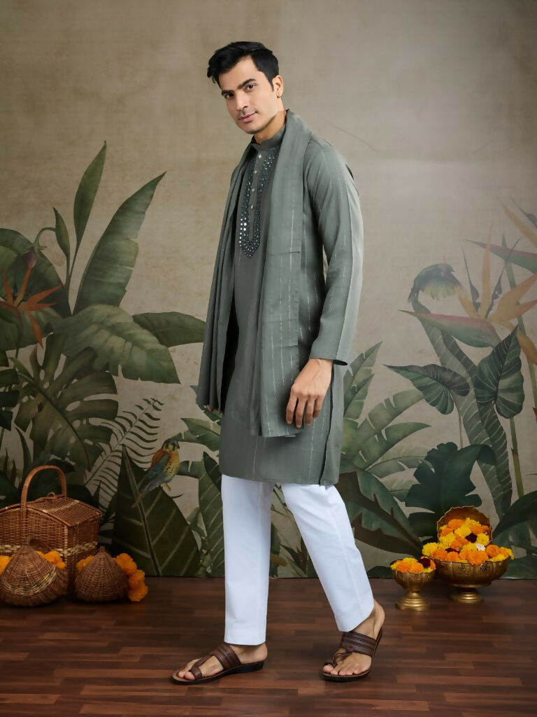 Vastranavya Rust Green Exclusive Viscose Rayon Festival Wear Real Mirror Work Kurta with Dupatta | Grocsy