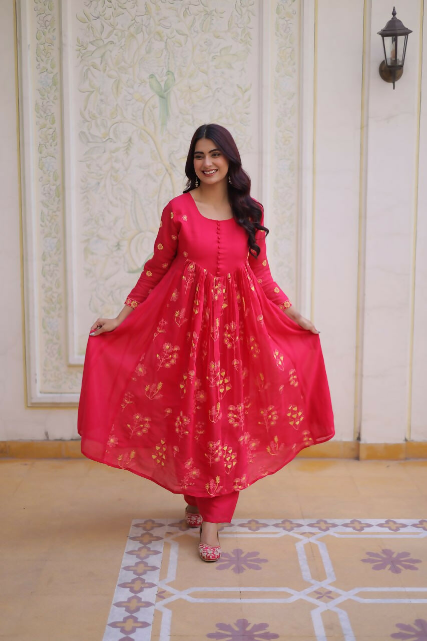 Teeya Creation Womens New Fancy Mul Chanderi With Embroidered Work Gown Set | Grocsy