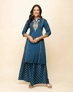 FIORRA Women's Teal Blue Silk Blend Straight Kurta Palazzo Set With Dupatta | Grocsy