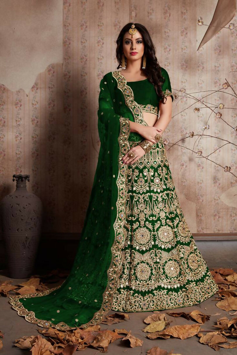 Jyoti Fashion Mesmerizing Green Sequins Embroidered Velvet Lehenga Choli with Dupatta | Grocsy
