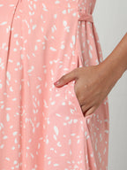 Manet Three Fourth Maternity Dress White Dot Print With Concealed Zipper Nursing Access - Pink | Grocsy