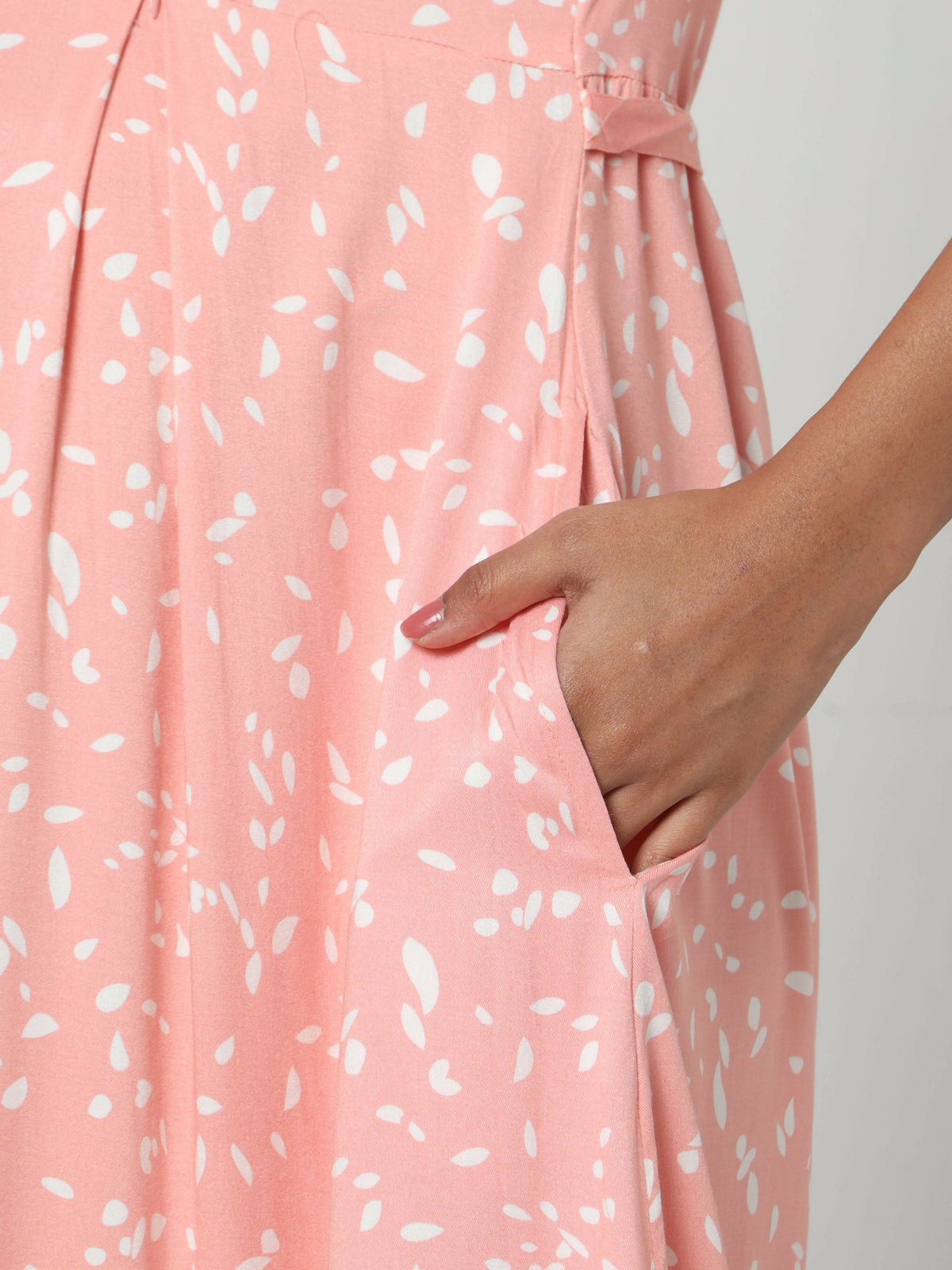 Manet Three Fourth Maternity Dress White Dot Print With Concealed Zipper Nursing Access - Pink | Grocsy