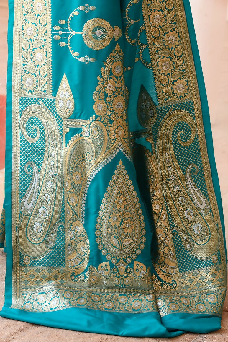 Joban Fashion Teal Green Banarasi Soft Pure Handloom Banarasi Silk Saree | Grocsy