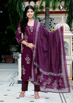 Miravan Women's Cotton Fabric Purple Kurta With Palazzo And Dupatta | Grocsy