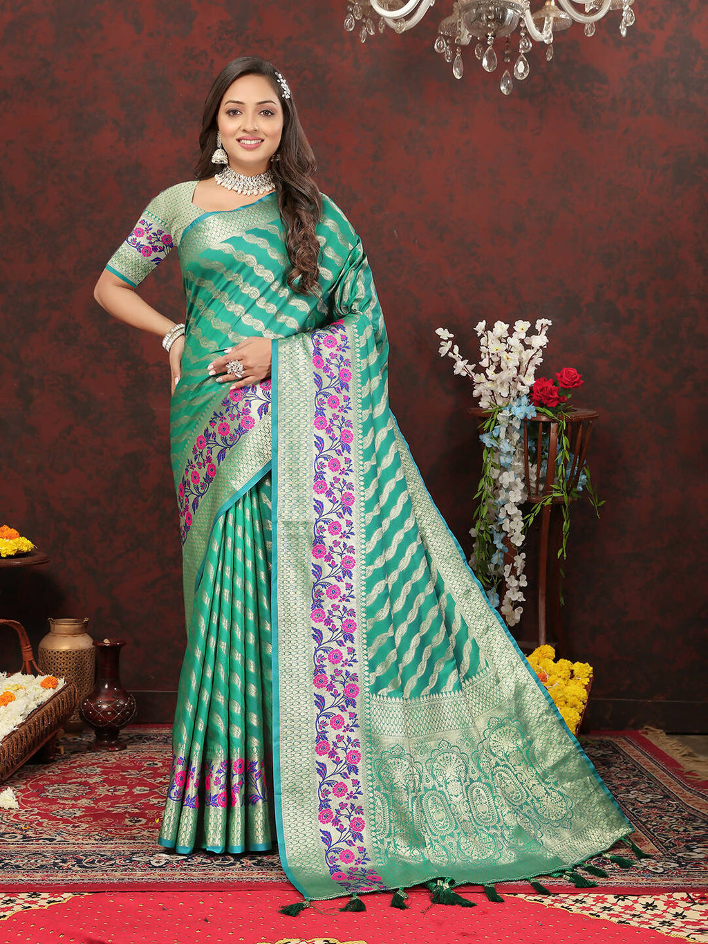 Lorenvalley Fashion Teal Soft Silk Woven Design with Zari Weaving Leheriya Design Saree | Grocsy