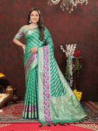 Lorenvalley Fashion Teal Soft Silk Woven Design with Zari Weaving Leheriya Design Saree | Grocsy