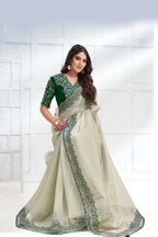 Green Net Organza Georgette Cord & Sequence Embroidered Saree - Mohmanthan Majestica | Grocsy