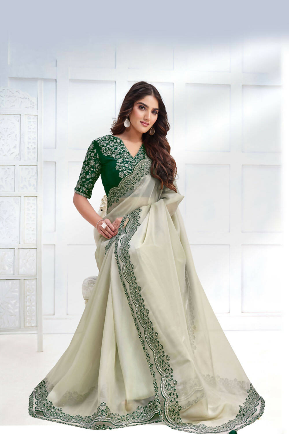 Green Net Organza Georgette Cord & Sequence Embroidered Saree - Mohmanthan Majestica | Grocsy