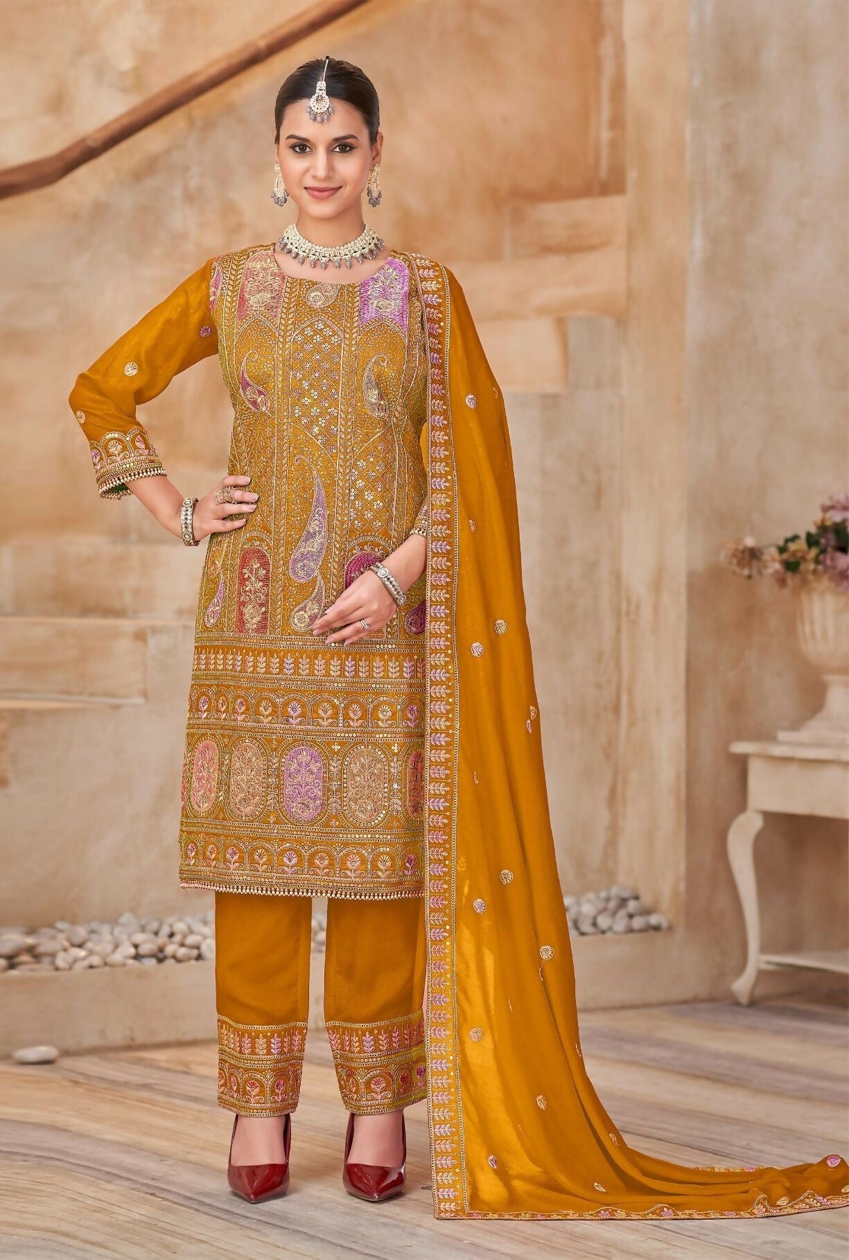 Anaita Mustard Vichitra Silk Readymade Suit with Embroidery & Lace Work | Grocsy