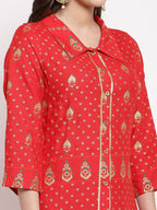 Myshka Women's Red Cotton Printed 3/4 Sleeve Collar Neck Casual Anarkali Kurta | Grocsy