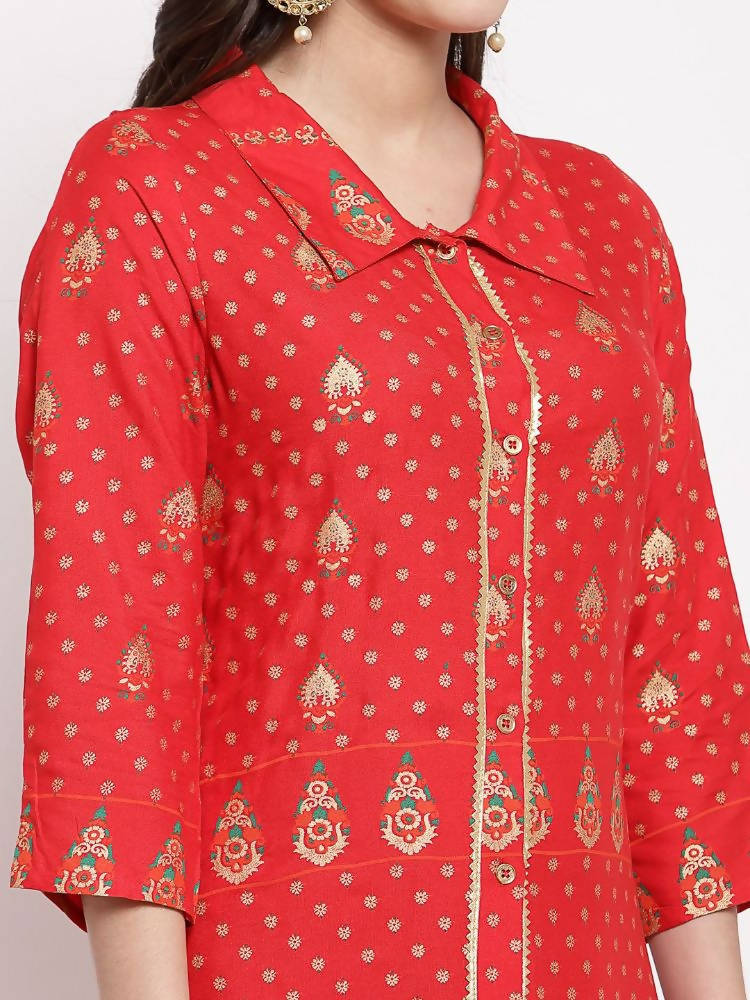 Myshka Women's Red Cotton Printed 3/4 Sleeve Collar Neck Casual Anarkali Kurta | Grocsy