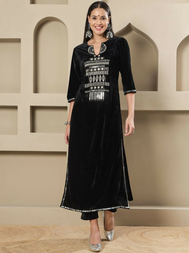 Joban Fashion Women Black Velvet Hand Embellishment Stitched Kurta Set | Grocsy