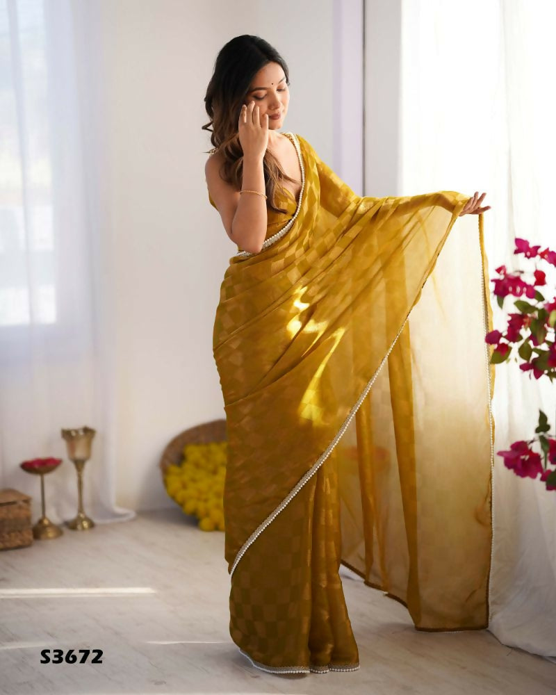 NC Chiffon Chex Wevon Chex Designer, Lace Party Wear Saree - Mustard | Grocsy