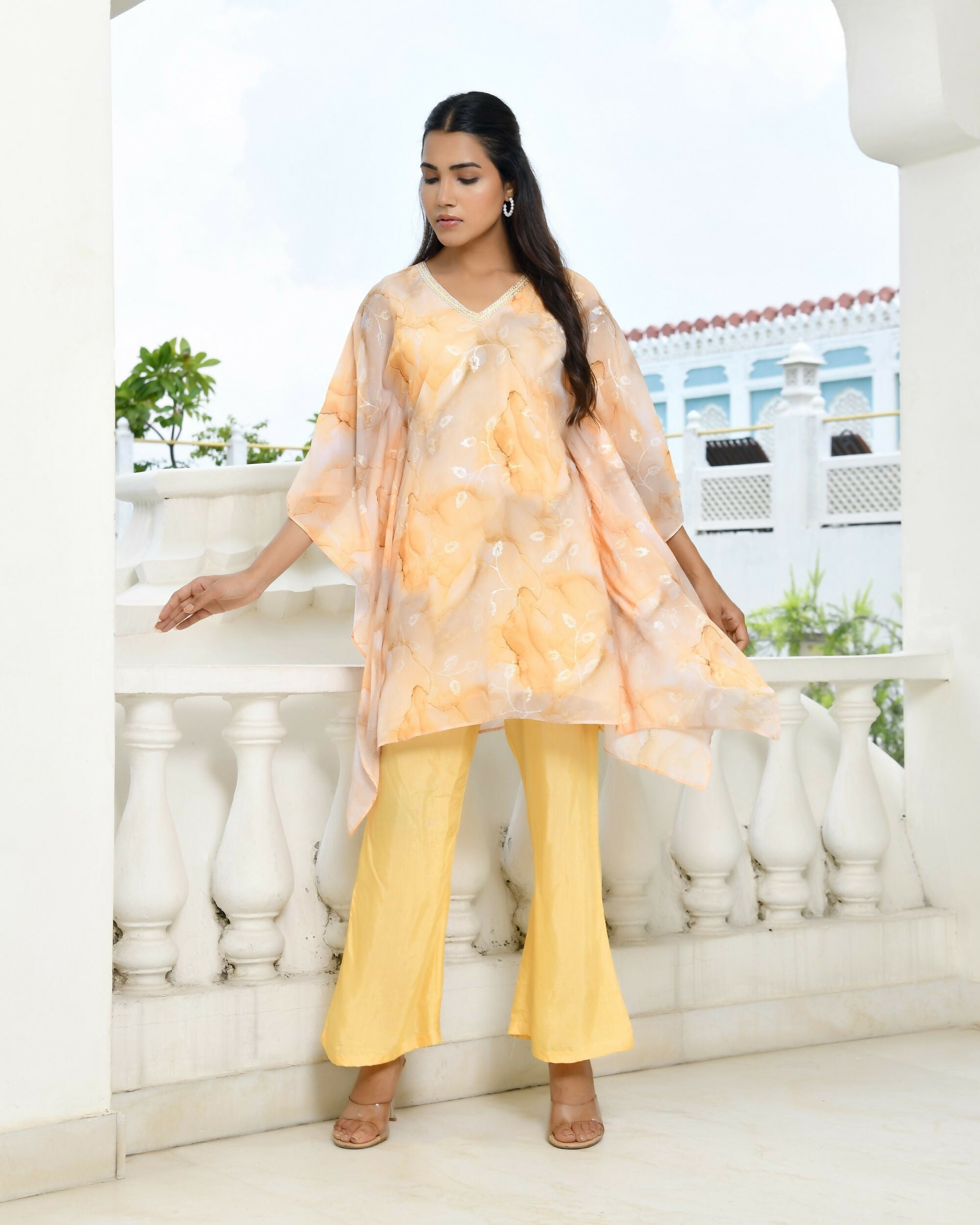 Vaasva Women's Lemon Georgette Marble Print Kaftan Pant Set | Grocsy
