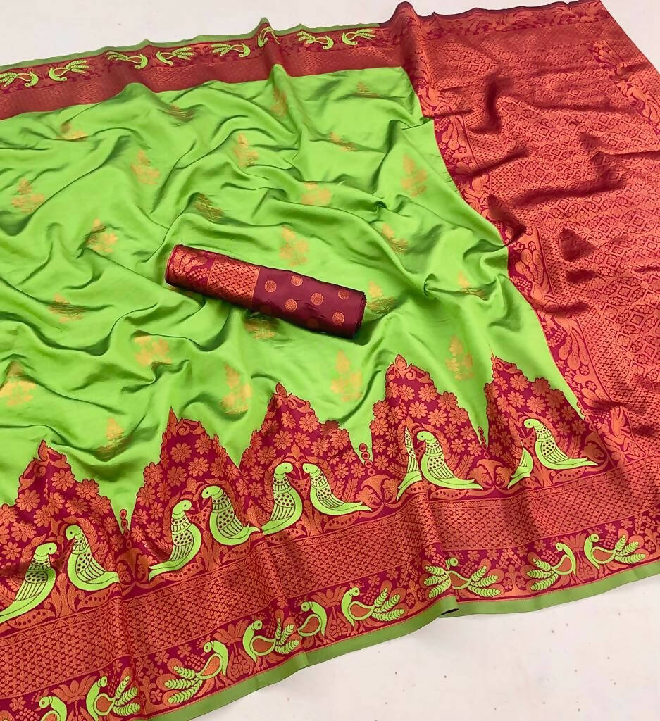DEIANA'S Beautiful Designer Golden zari Soft Lichi Silk Saree - Pista | Grocsy