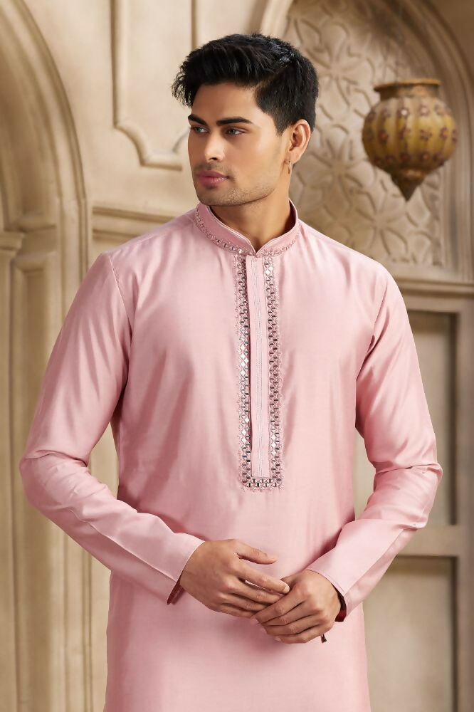 Raivat Ethnic Banarasi Art Silk Mirror Work Kurta Pajama In Dark Pink Colour | Grocsy