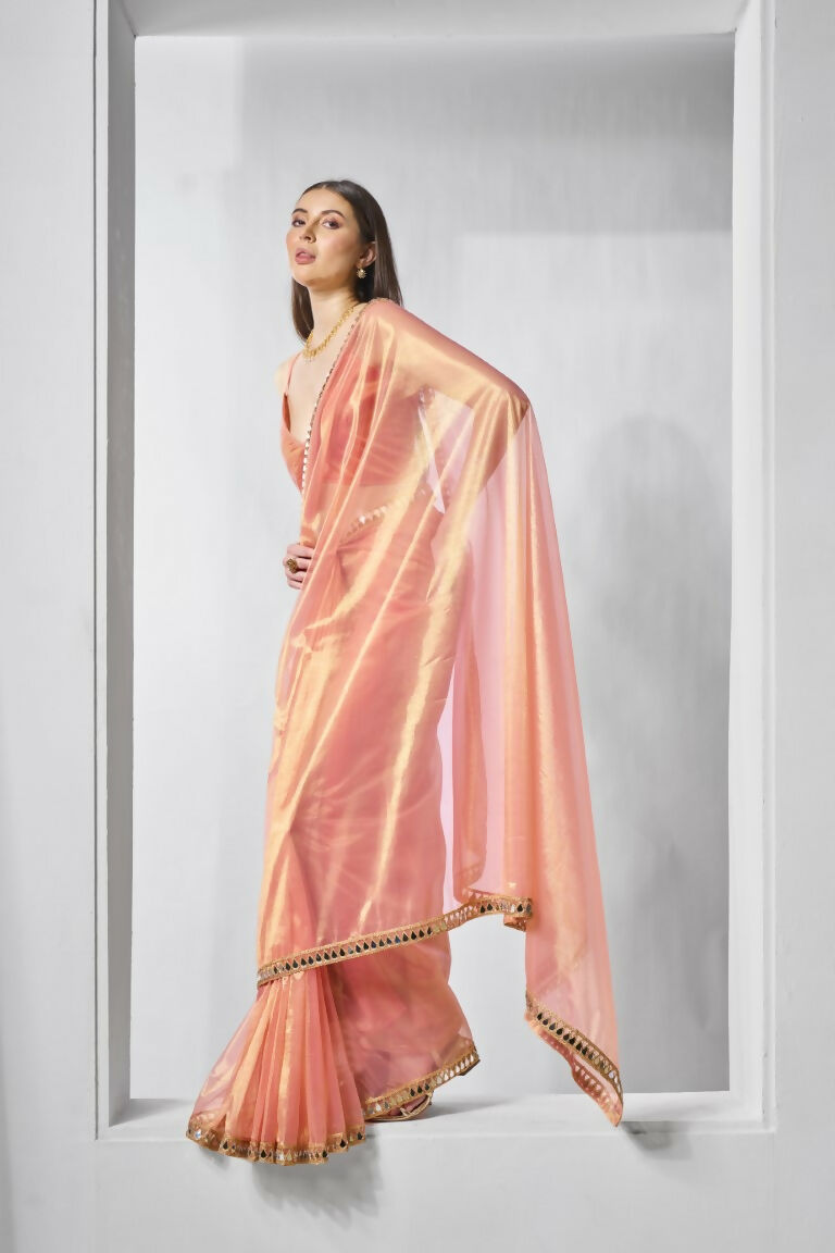Orange Gold Tissue Net Solid & Gold Cotted Saree - Samaa | Grocsy