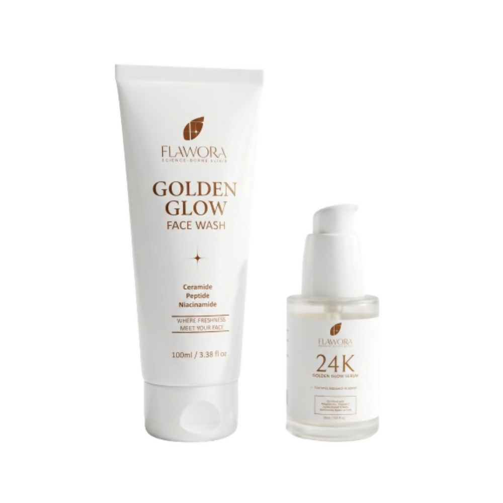 Flawora Set of Golden Glow Face Wash and 24k Golden Glow Face Serum | Grocsy