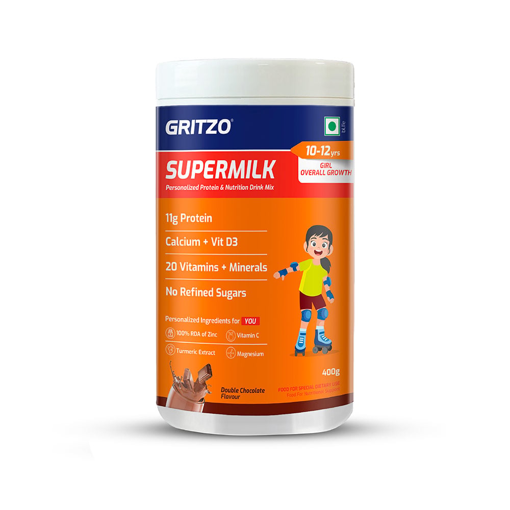 Gritzo SuperMilk Overall Growth (10-12y Girls), Zero Refined Sugar, 21 Vitamins & Minerals | Grocsy