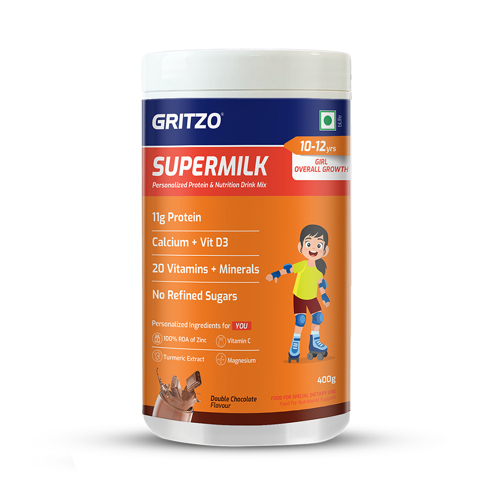 Gritzo SuperMilk Overall Growth (10-12y Girls), Zero Refined Sugar, 21 Vitamins & Minerals | Grocsy