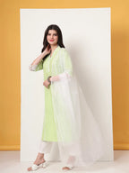 Yufta Premium Cotton Poplin Green Kurta Dupatta Pant Set | Grocsy