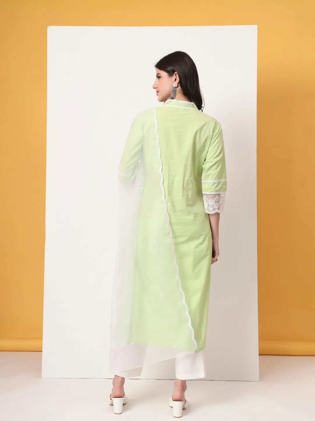 Yufta Premium Cotton Poplin Green Kurta Dupatta Pant Set | Grocsy