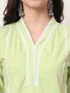 Yufta Premium Cotton Poplin Green Kurta Dupatta Pant Set | Grocsy