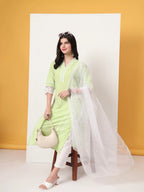 Yufta Premium Cotton Poplin Green Kurta Dupatta Pant Set | Grocsy