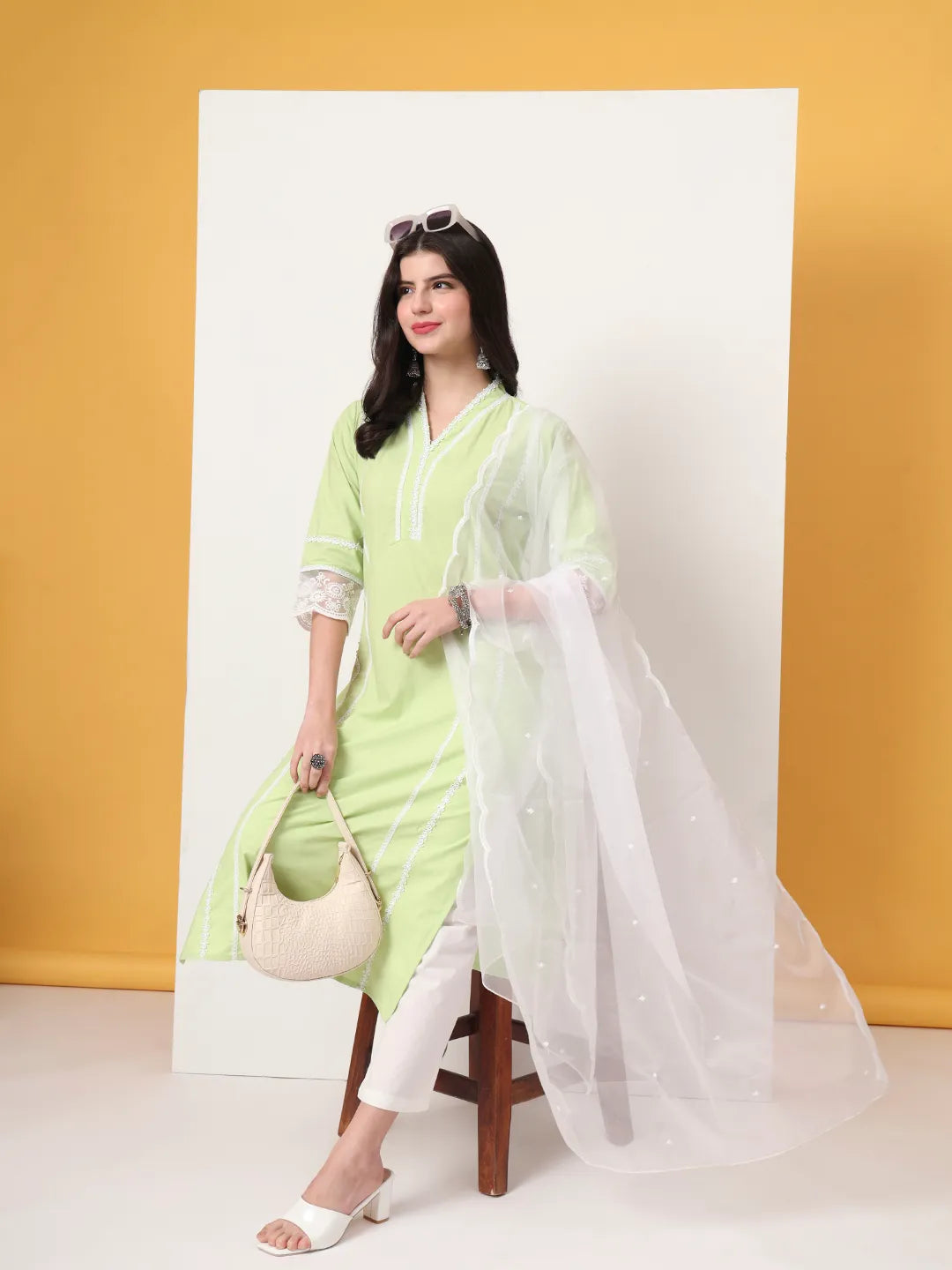 Yufta Premium Cotton Poplin Green Kurta Dupatta Pant Set | Grocsy