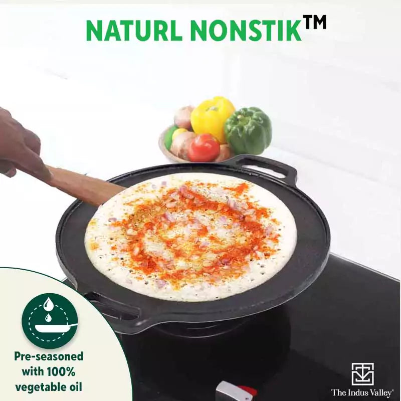 The Indus Valley CASTrong Cast Iron Roti/Dosa Tawa, Pre-seasoned, Nonstick, 100% Pure, Toxin-free, Gas & Induction,Spatula, 30.2cm, 2.4kg | Grocsy