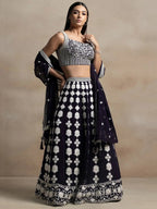 Tulsi Art Pretty Dark Purple Thread Work Georgette Reception Wear Lehenga Choli | Grocsy