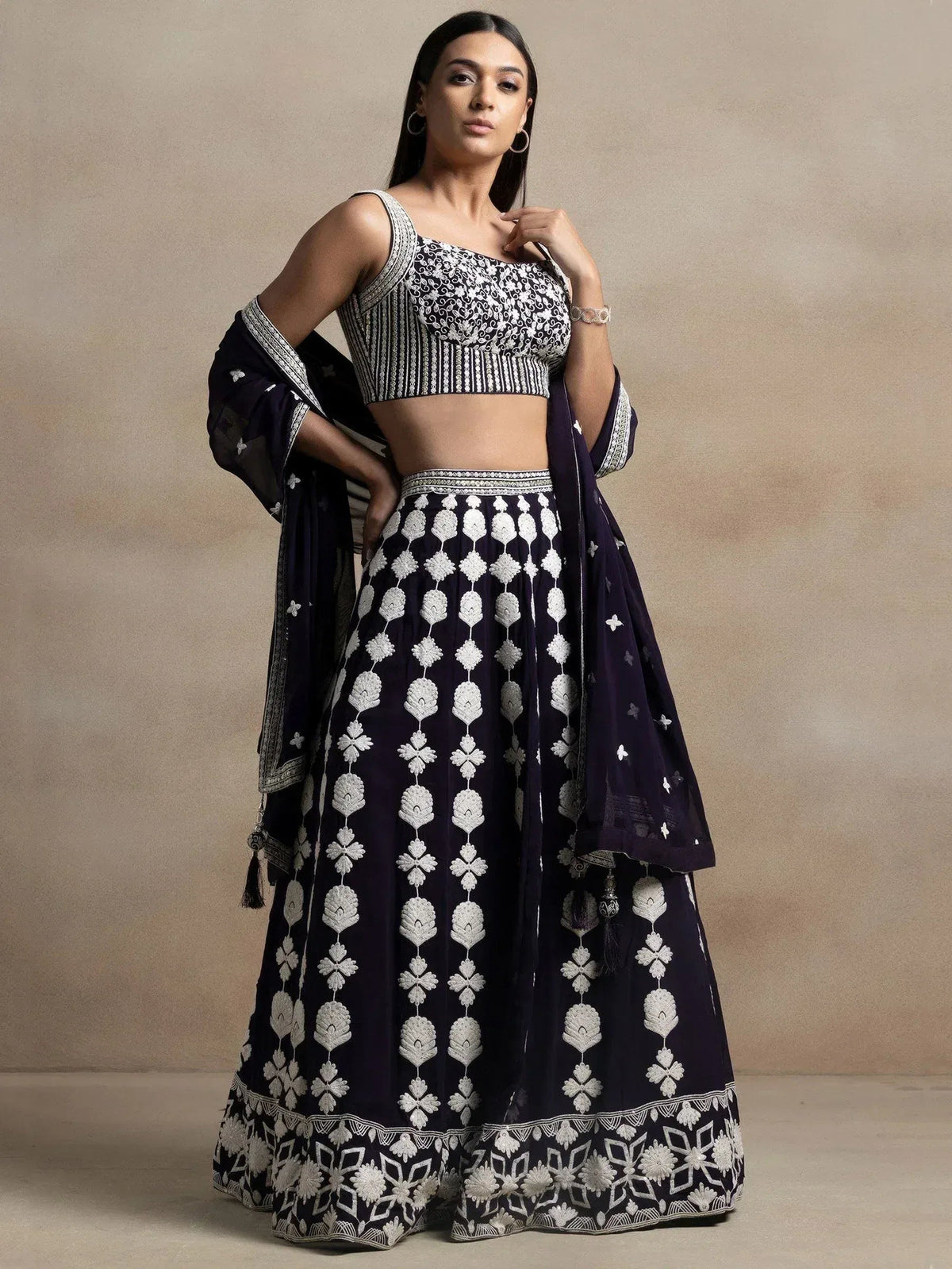 Tulsi Art Pretty Dark Purple Thread Work Georgette Reception Wear Lehenga Choli | Grocsy