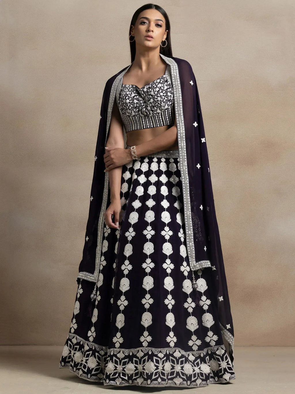 Tulsi Art Pretty Dark Purple Thread Work Georgette Reception Wear Lehenga Choli | Grocsy