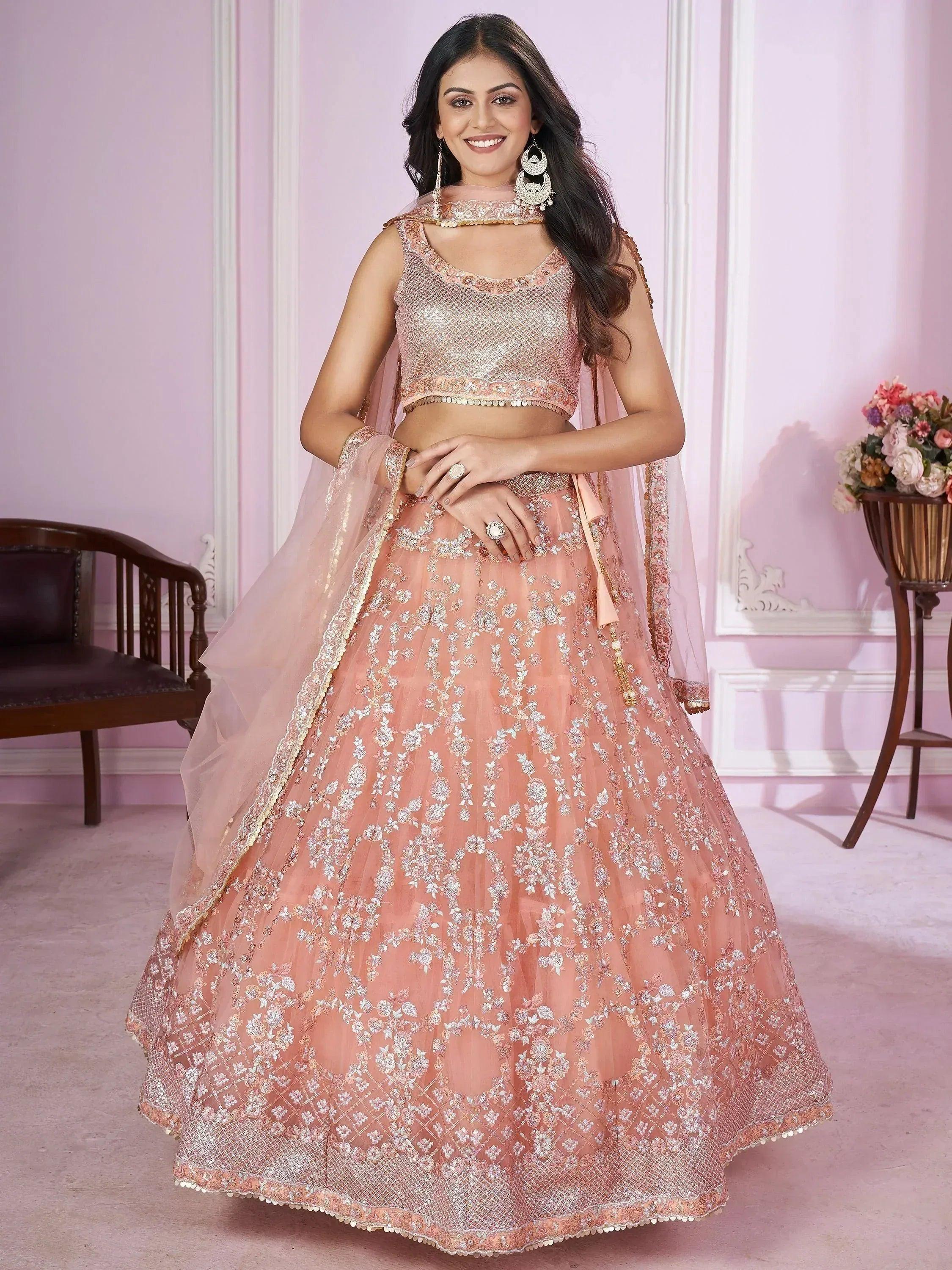 Tulsi Art Pretty Peach Sequins Soft Net Engagement Wear Lehenga Choli | Grocsy
