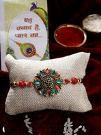 NVR Men Red & Gold-Toned Stone-Studded Rakhi With Roli Chawal | Grocsy