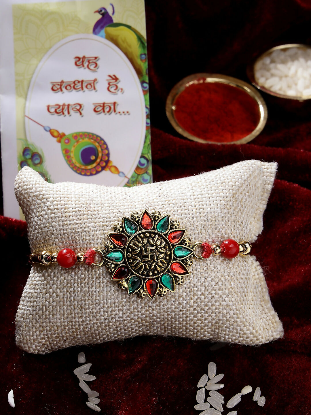 NVR Men Red & Gold-Toned Stone-Studded Rakhi With Roli Chawal | Grocsy