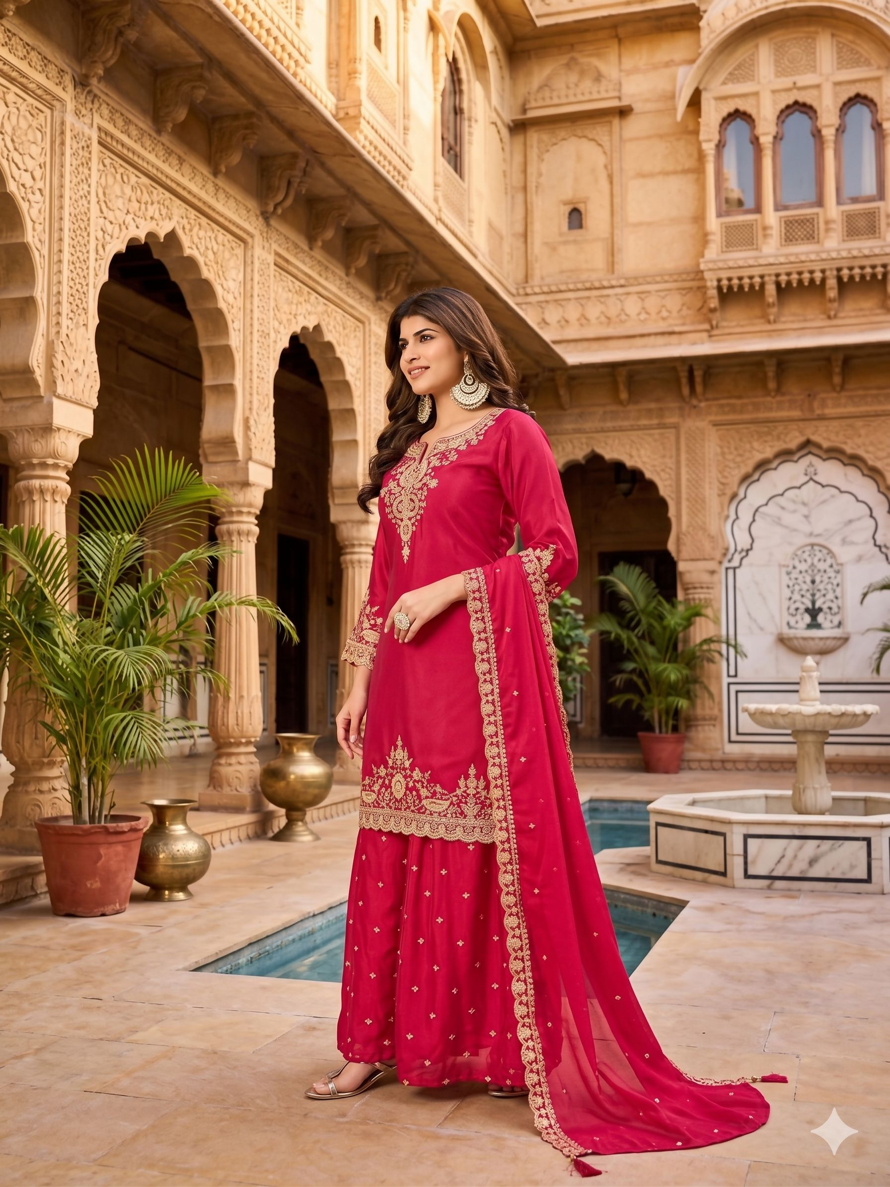 Teeya Creation Womens New Stylish Silk Embroidered Red Sharara Suit With Golden Zari Work And Lace Border Dupatta | Grocsy