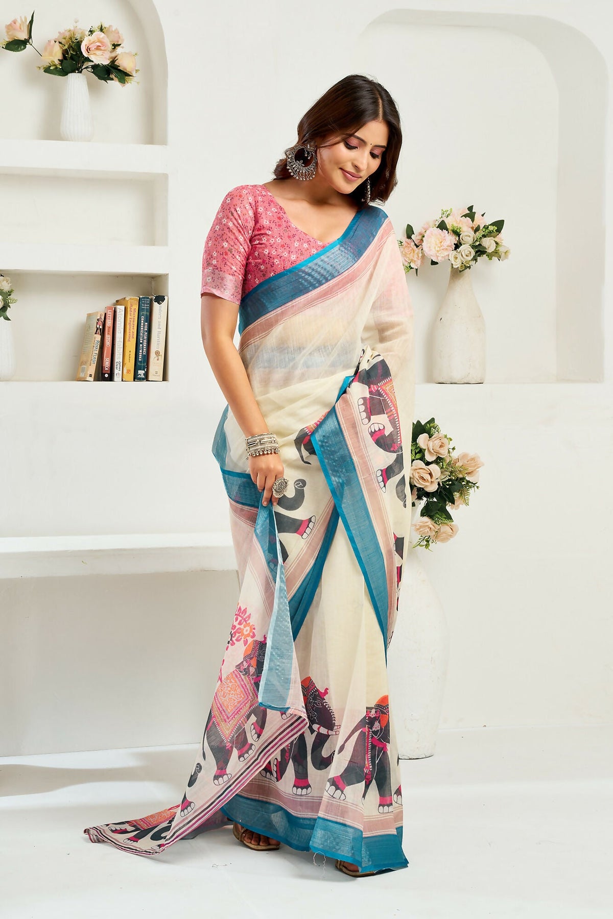 Vastranavya Cream Digital Printed Linen Ready To Wear Designer Saree with Unstitched Blouse | Grocsy