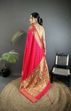 Joban Fashion Magenta Pink Butti Woven Soft Lichi Silk Paithani Saree | Grocsy