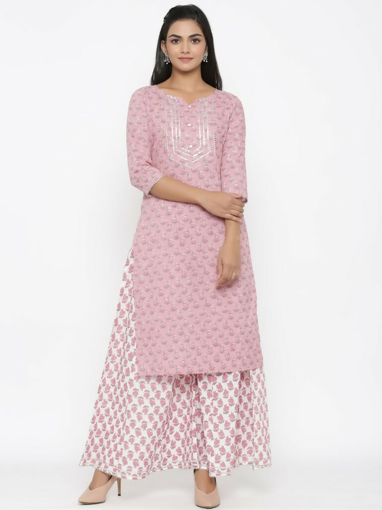 Miravan Women's Cotton Floral Print Straight Kurta And Palazzo Set | Grocsy