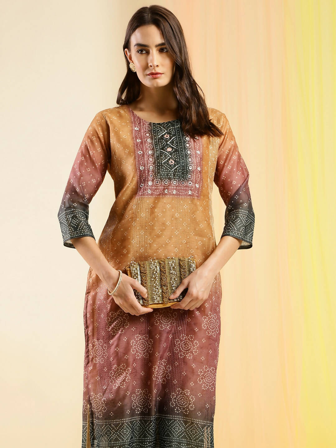 Orange Chinon Digital Printed With Hand Work Kurta - Himanshi | Grocsy