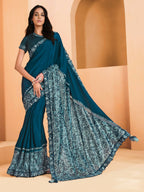 Teal Satin Crepe Silk Sequence Embroidered Saree With Unstitched Blouse - Mohmanthan Yavanika | Grocsy